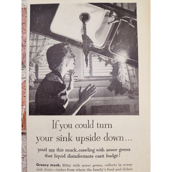 1950 Drano "If You Could Turn Sink Upside Down..." Scared Housewife Vtg Print Ad - Picture 1 of 7